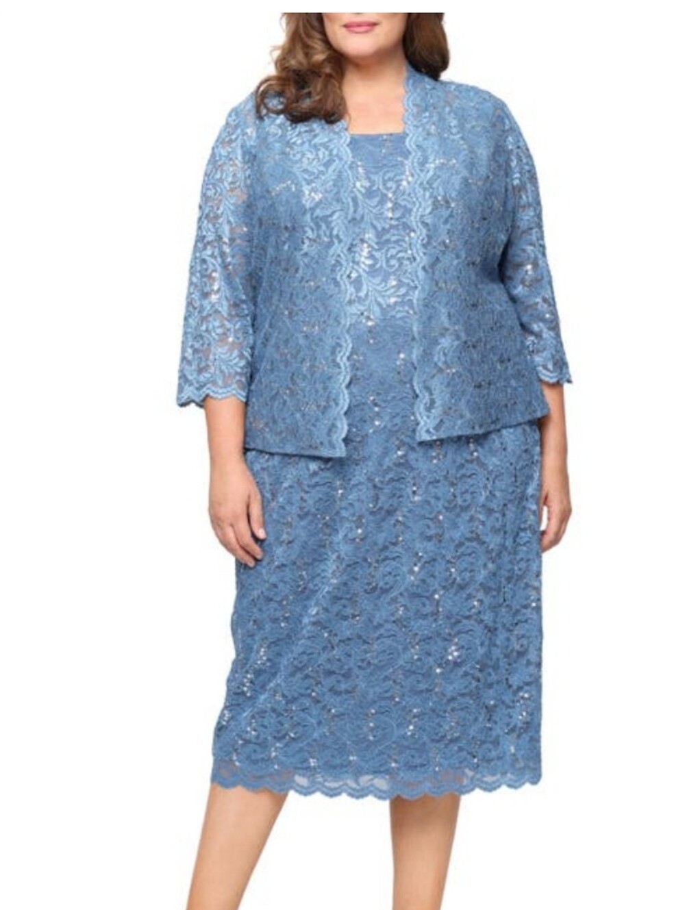 NWT SLNY 2 Pc Lace Sequin Mother of the Bride Dress Jacket Set Blue Ocean Sz 18